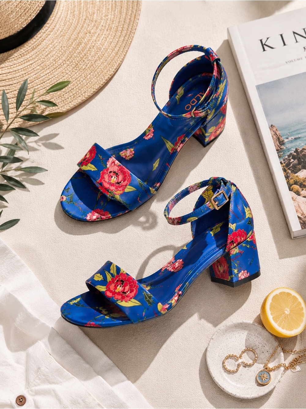 Aldo Floral Block Heel Sandals Blue Pink Resort Heels Size 9